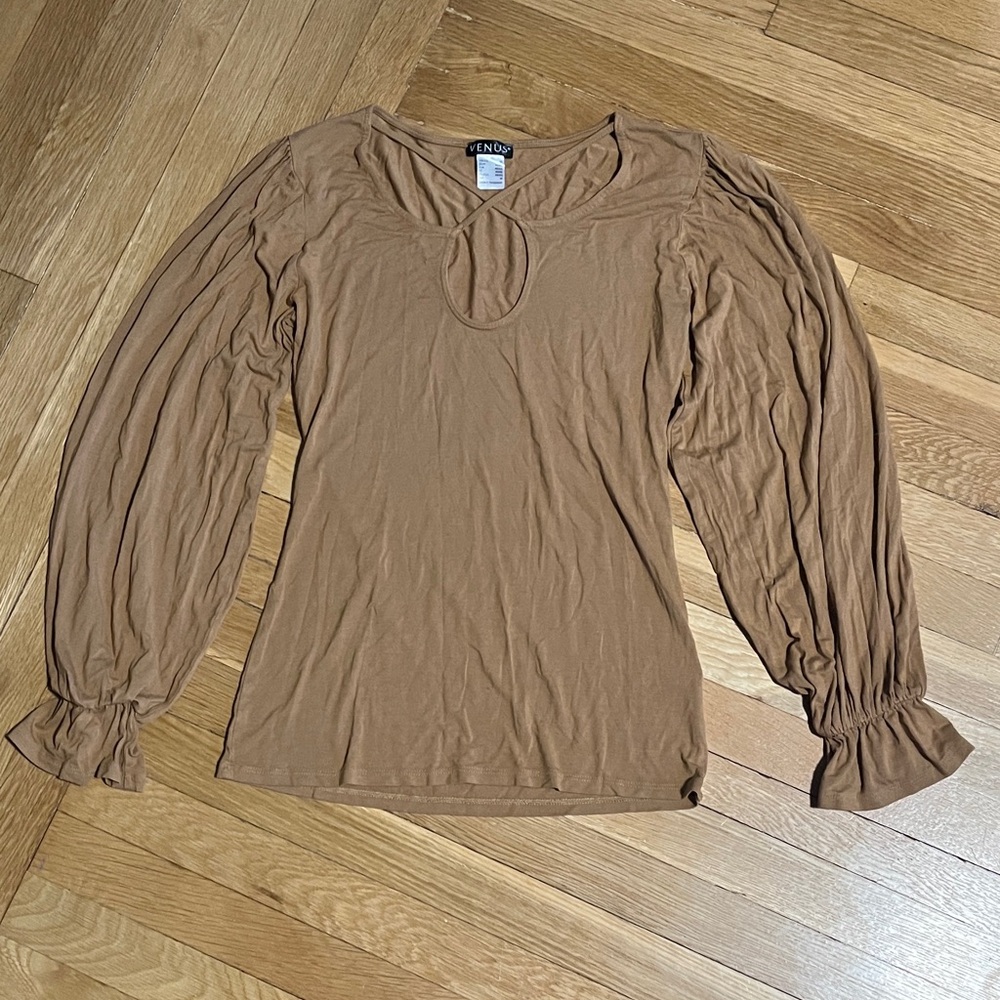 VENUS Tan Keyhole Long Sleeve Blouse